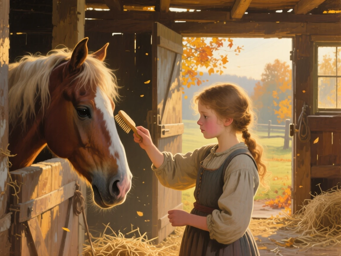 A close-up portrait of a girl brushing her pony in a sunlit stable, in mid-autumn, at golden hour.
