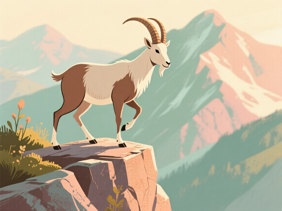 A mountain goat balancing on a rocky alpine ledge