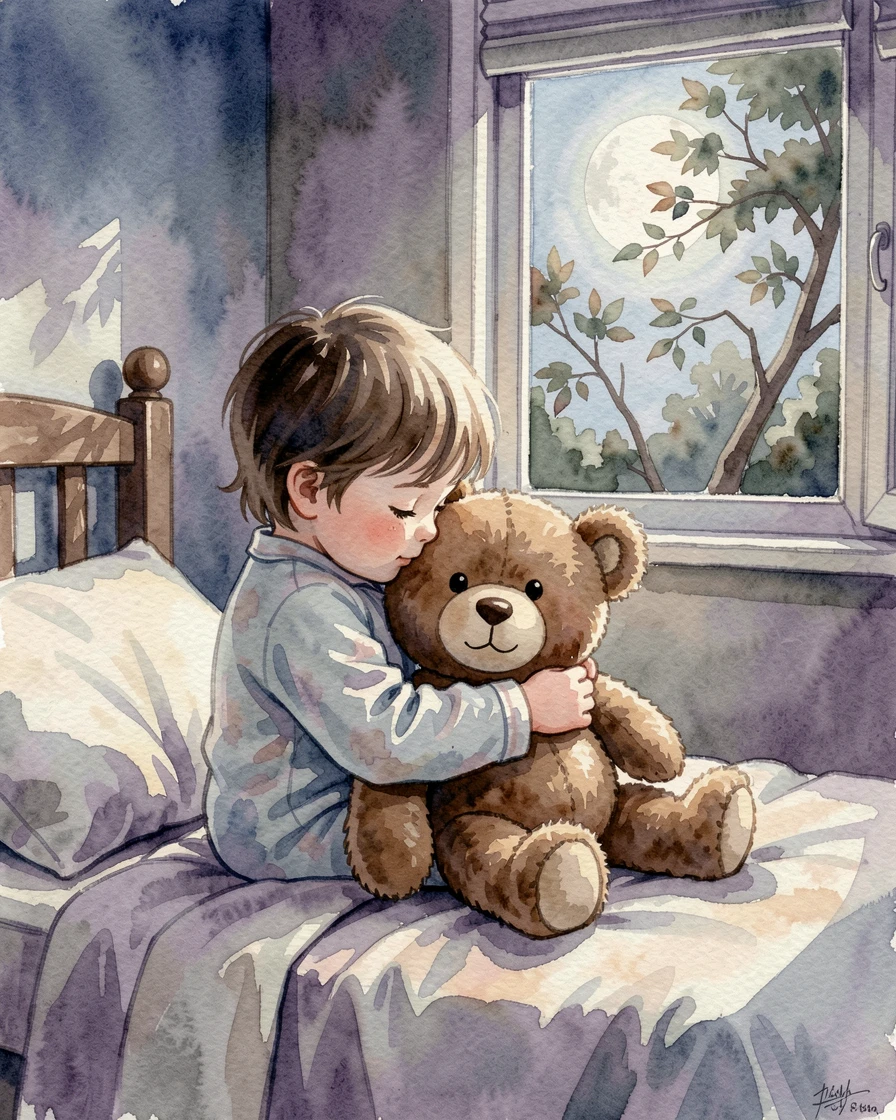 A child hugging a large stuffed teddy bear at bedtime with a gentle breeze rustling nearby trees.