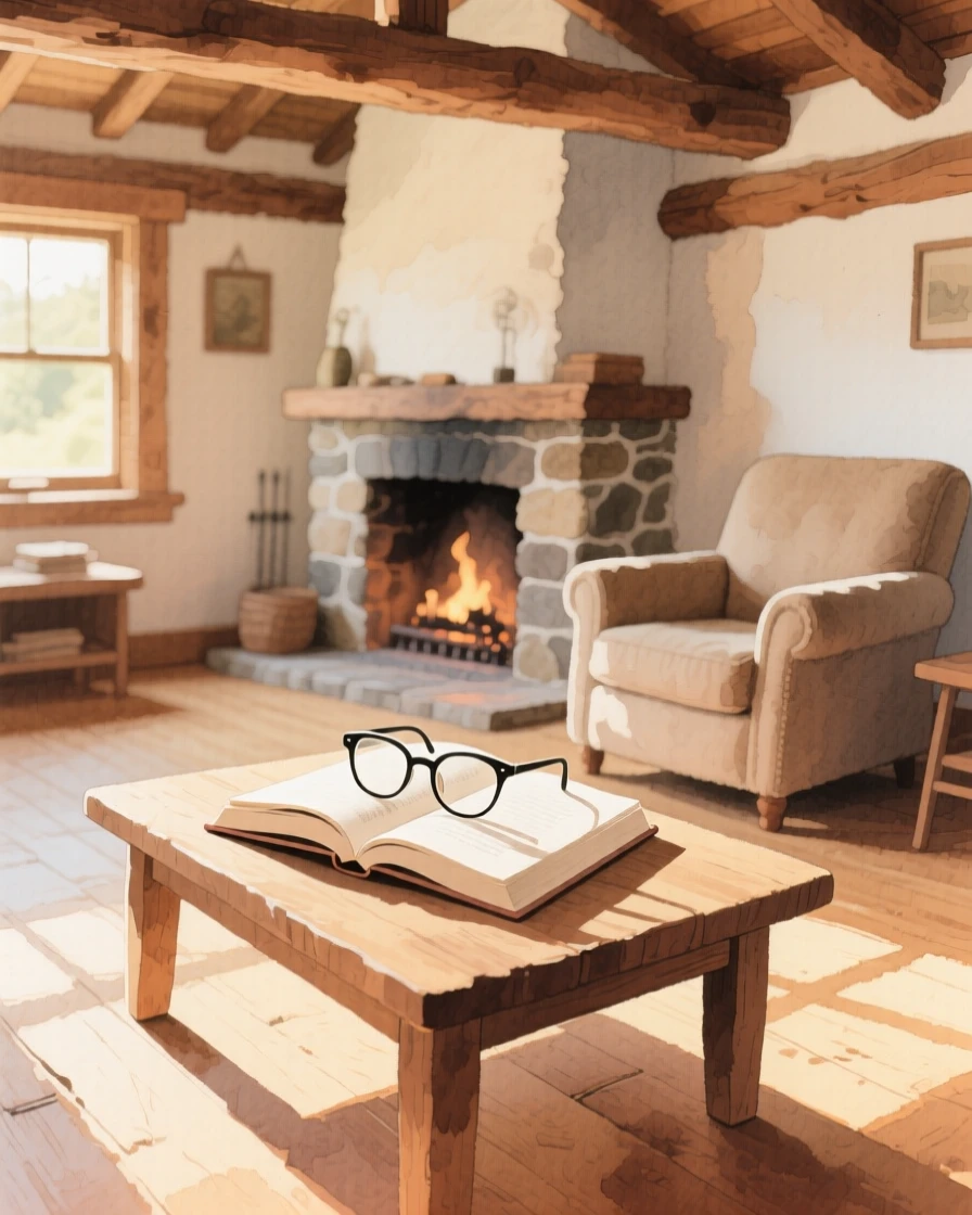 A charming view of a rustic cabin living room, with warm sunlight spilling across the floor, featuring a pair of reading glasses resting on an open book