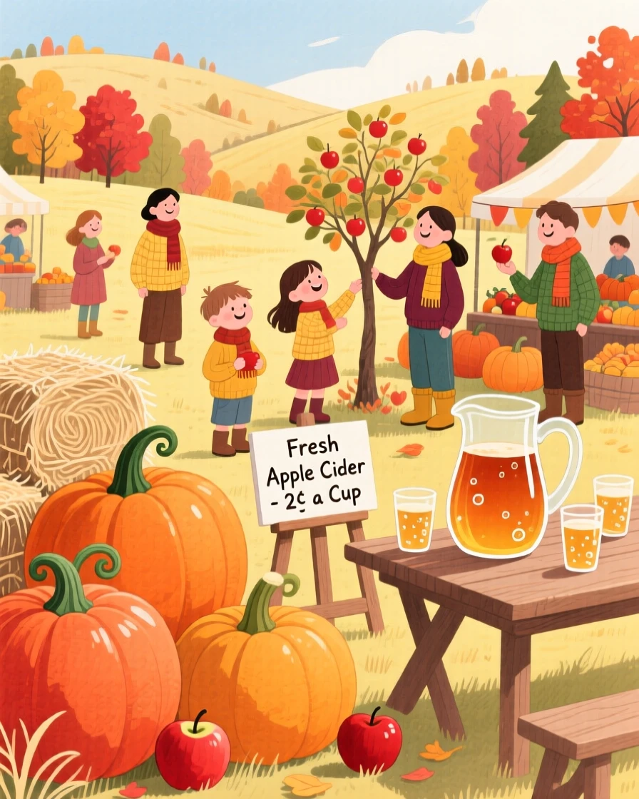 A festive scene of a harvest festival with hay bales, pumpkins, and apple cider.