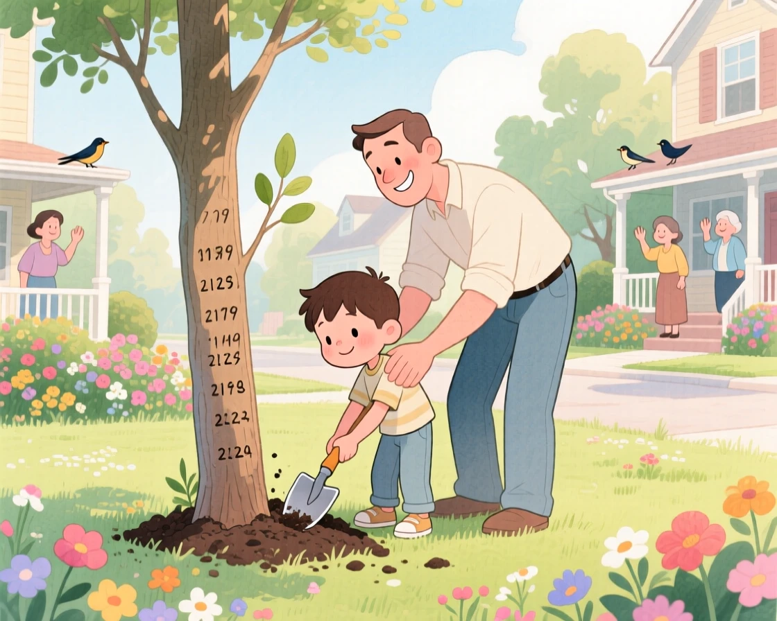 A little boy planting a tree with his father, marking his growth on its trunk each year, in a peaceful neighborhood full of blooming gardens, radiating kindness, hope, and heartfelt emotion.