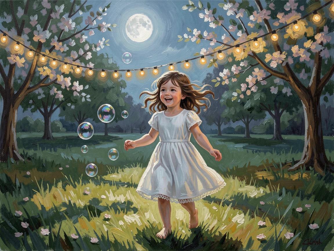 Under the gentle light of a full moon, a little girl chasing bubbles in a sunlit park, beneath the warm glow of string lights at an outdoor gathering, wind catching loose strands of hair.