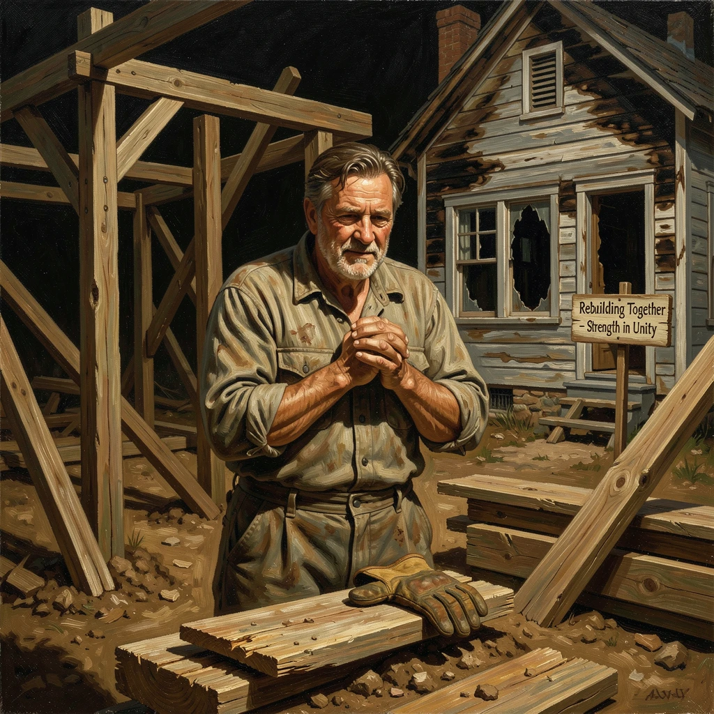 A survivor of a natural disaster helping rebuild a neighbor's home, with hands clasped tightly, conveying connection and support, capturing a powerful moment of hope, resilience, and human triumph