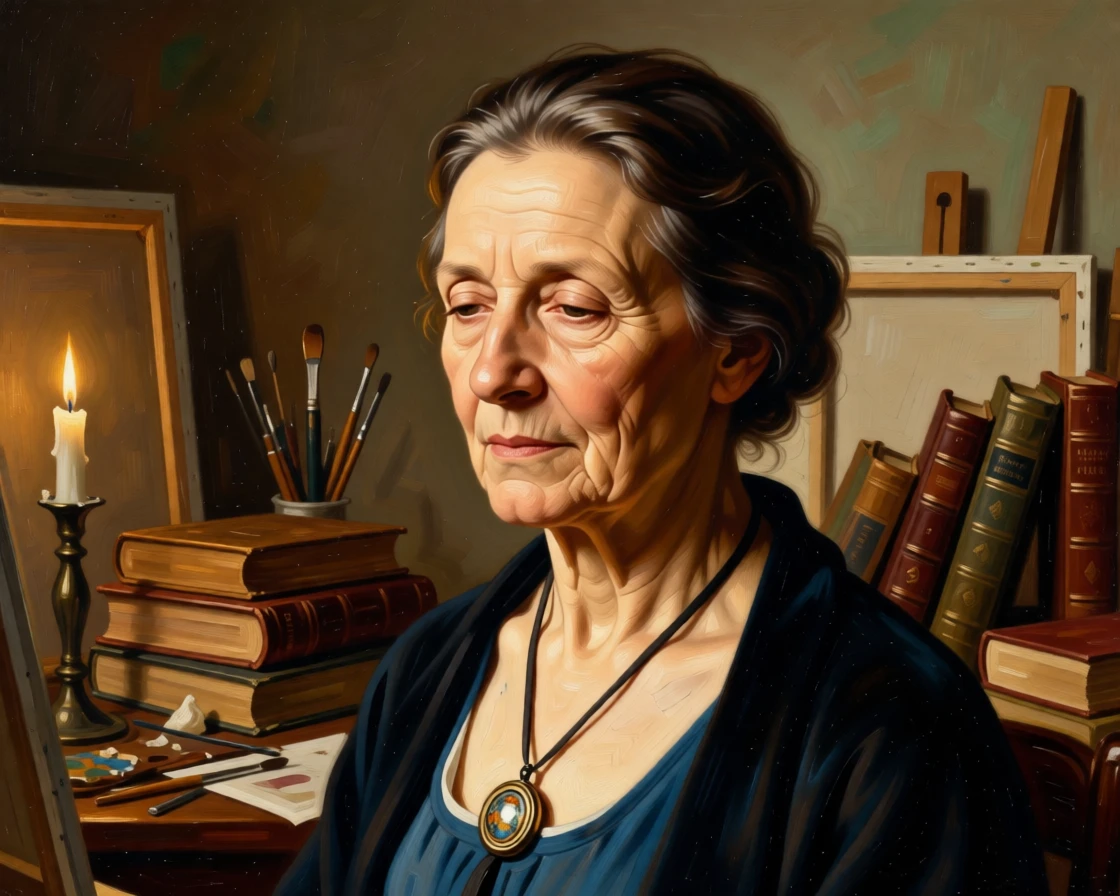 An elderly scholar surrounded by leather-bound books and candlelight lost entirely in private thought, set in an artist's cluttered studio strewn with canvases, with a cherished heirloom locket resting against her collarbone; a tight three-quarter portrait draws focus entirely to the expression, conveying quiet dignity and inner life.