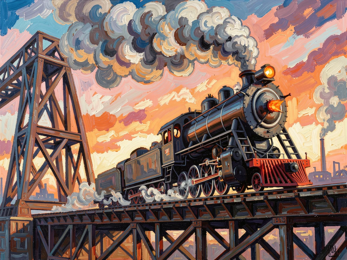 A steam locomotive crossing a grand iron bridge at the dawn of the industrial age.