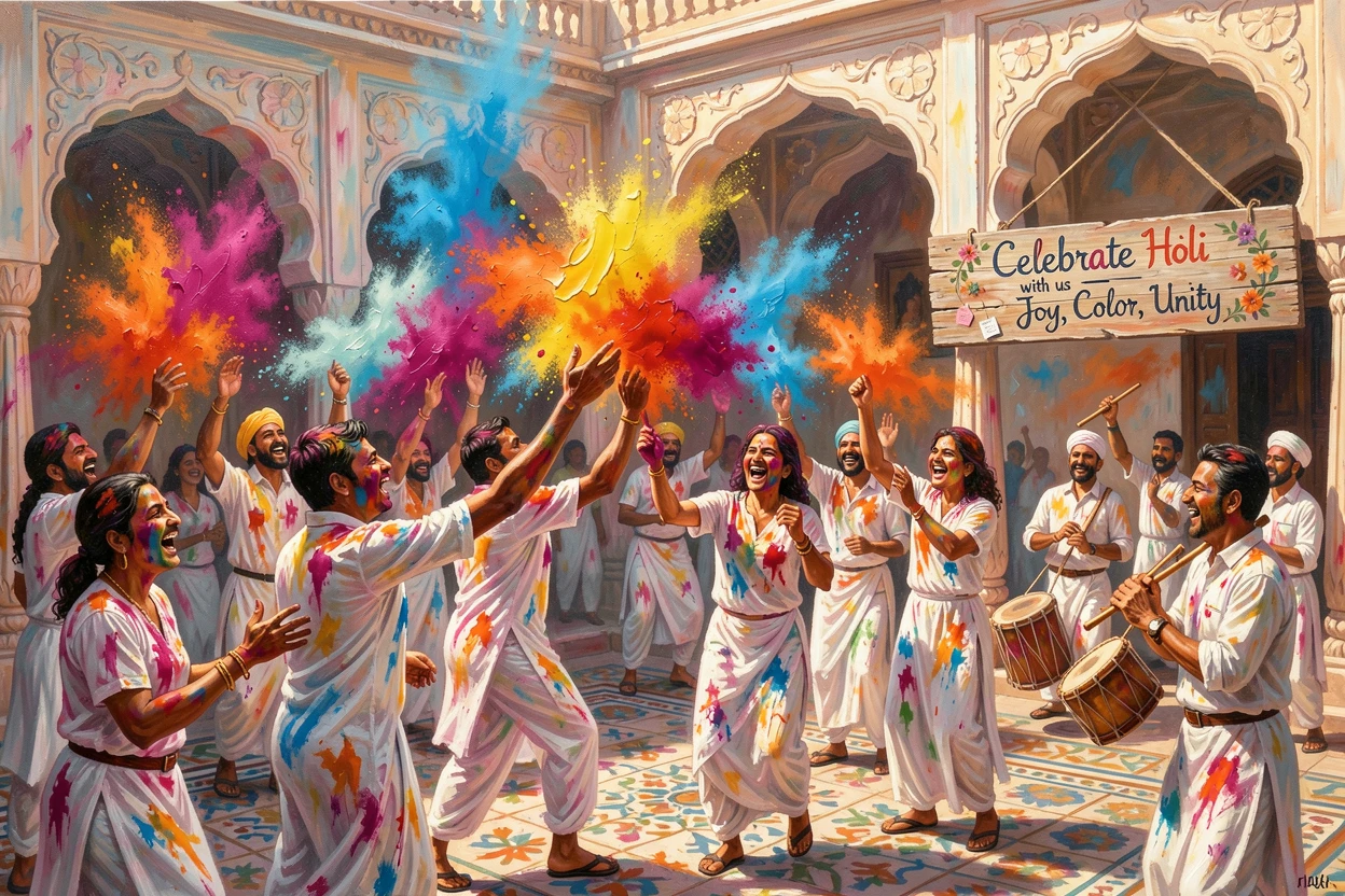 A colorful Holi festival celebration fills an Indian courtyard with clouds of vibrant powder, laughing participants throwing pigments in every direction, the atmosphere charged with music, movement, and a shared sense of celebration.