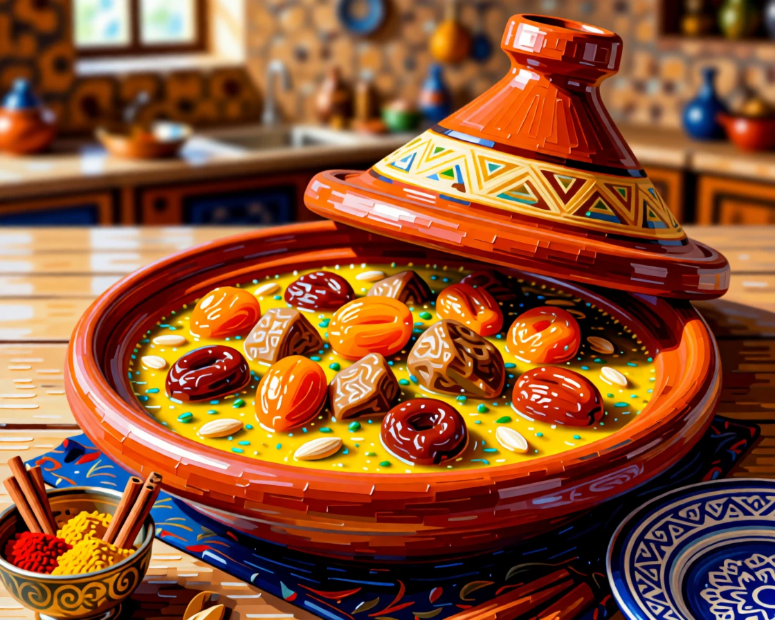 A vibrant Moroccan tagine simmering with saffron and dried apricots