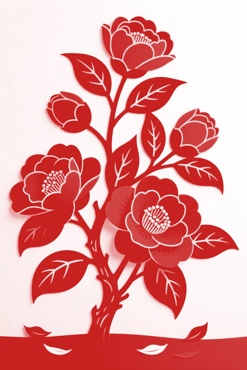 A branch of camellias with glossy dark leaves, a few fallen petals scattered on the ground beneath