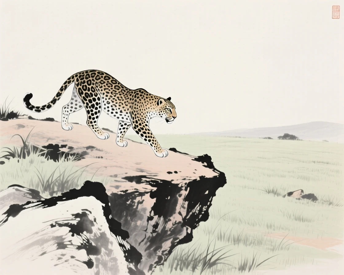 A leopard moving cautiously along a rocky ridge across an open grassy plain, framed low to the ground for an intimate, close perspective, evoking the gentle rhythm of the natural world.