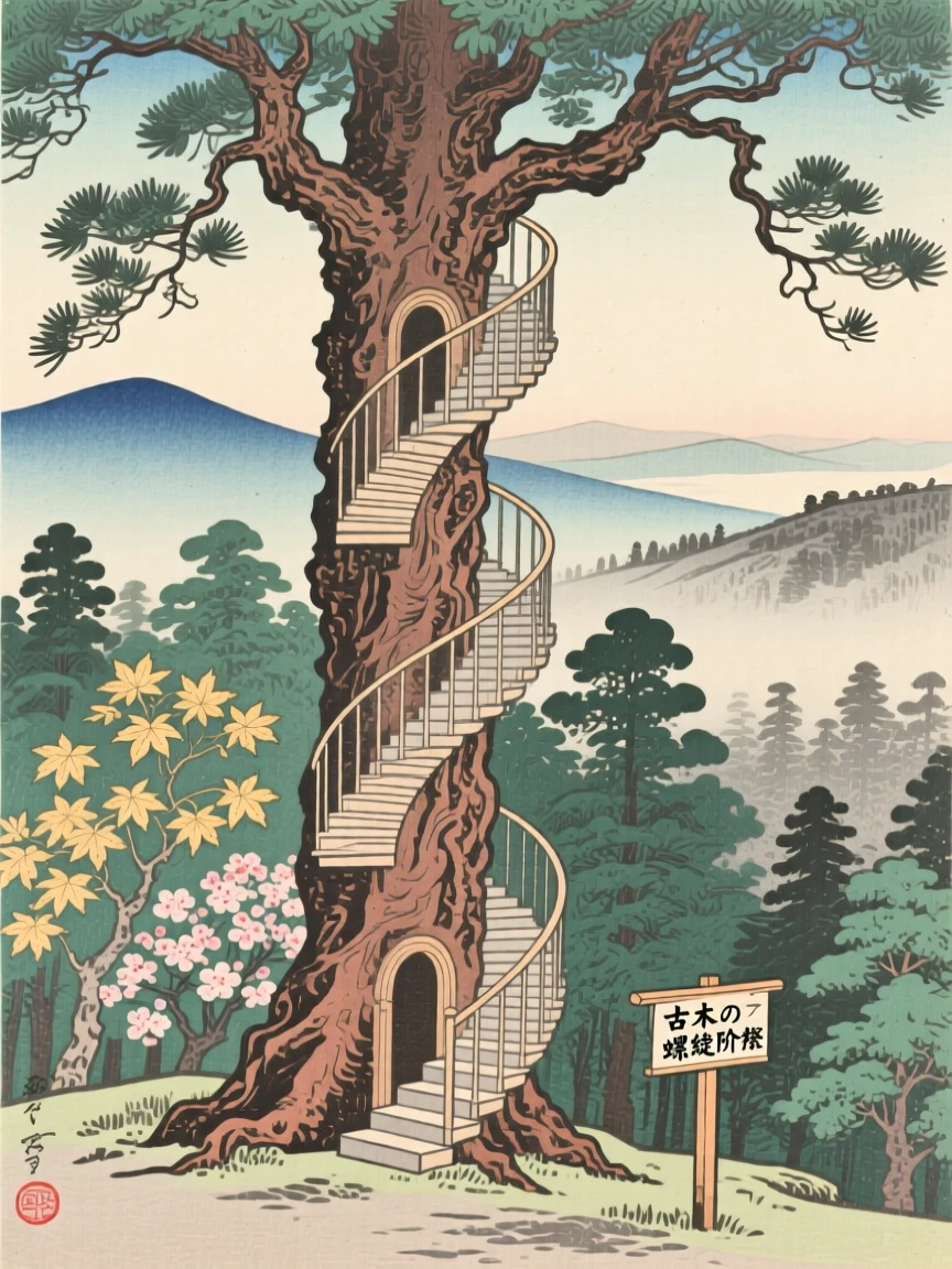 An ancient tree with a spiral staircase carved into its trunk, standing at the edge of an ancient forest.