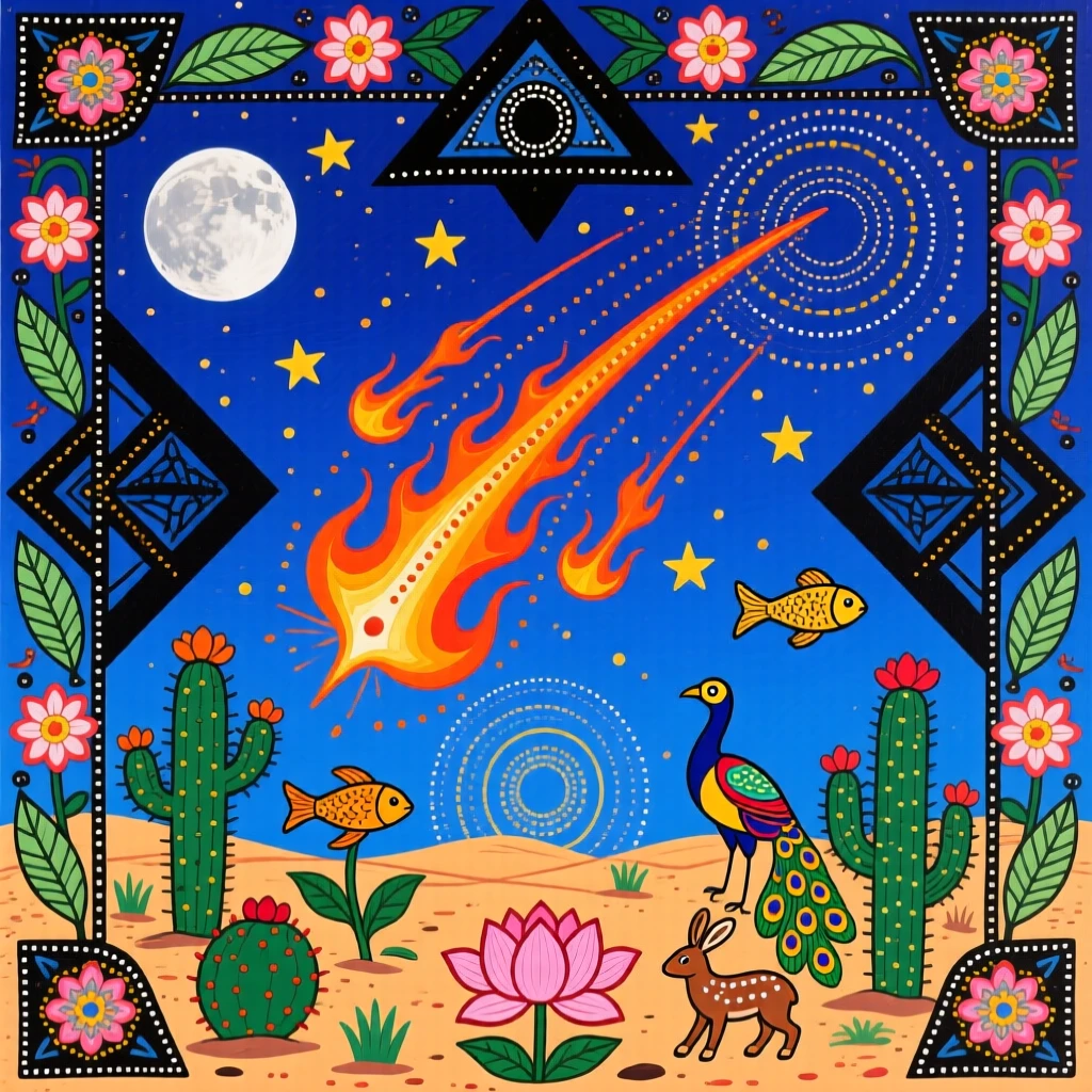 A meteor shower streaking across a clear desert night sky.