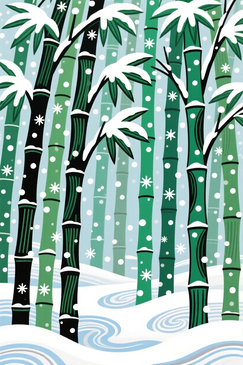 A bamboo grove, during a soft and steady snowfall.