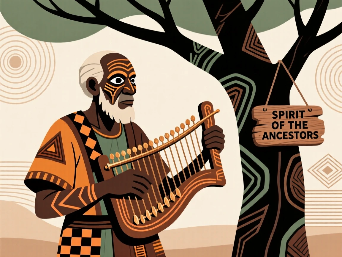 An elder playing a thumb piano practicing beneath the shade of a tree.