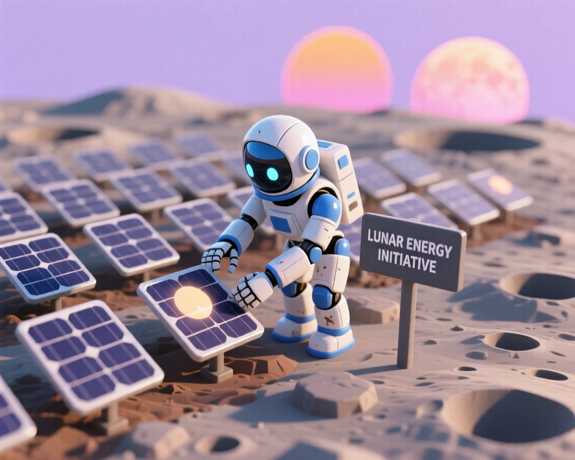A robotic astronaut planting a solar panel field on a rocky alien moon, twin suns setting in the distance.