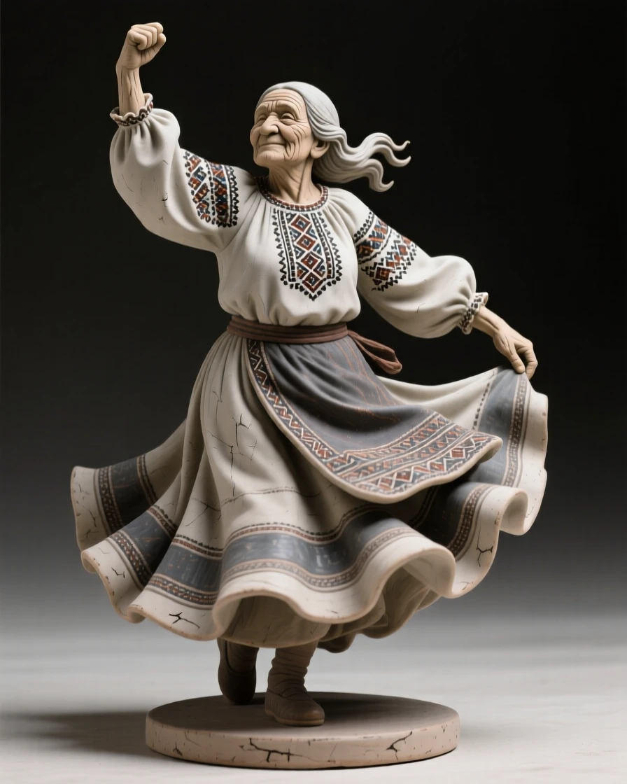 A folk dancer twirling in traditional dress raising an arm in triumphant gesture, with weathered features telling silent stories, conveying quiet authority and enduring legacy.