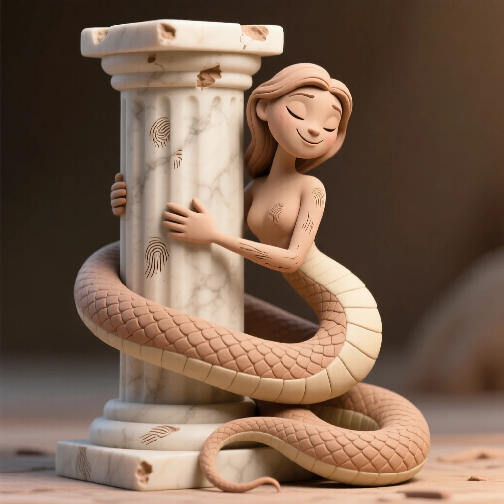 A lamia coiled gracefully around an ancient marble column