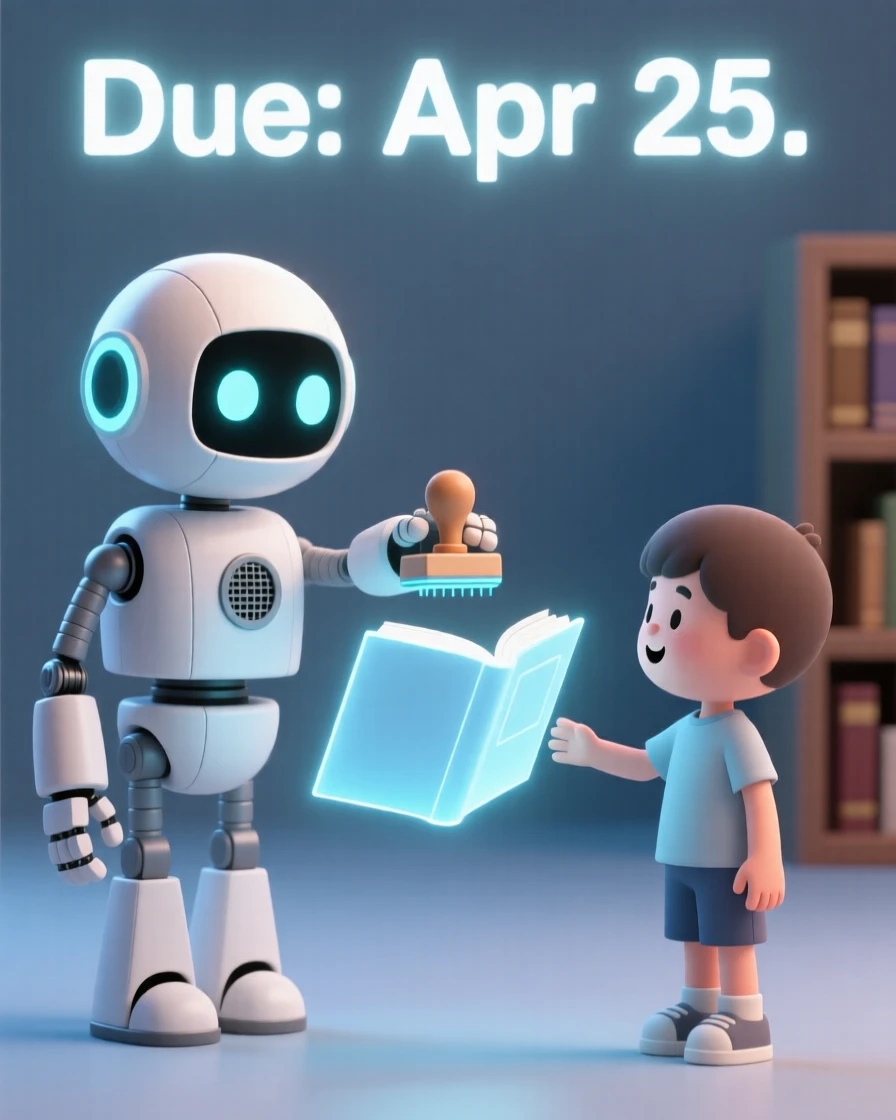 A friendly robot librarian stamps a glowing due date onto a floating holographic book for a young reader.
