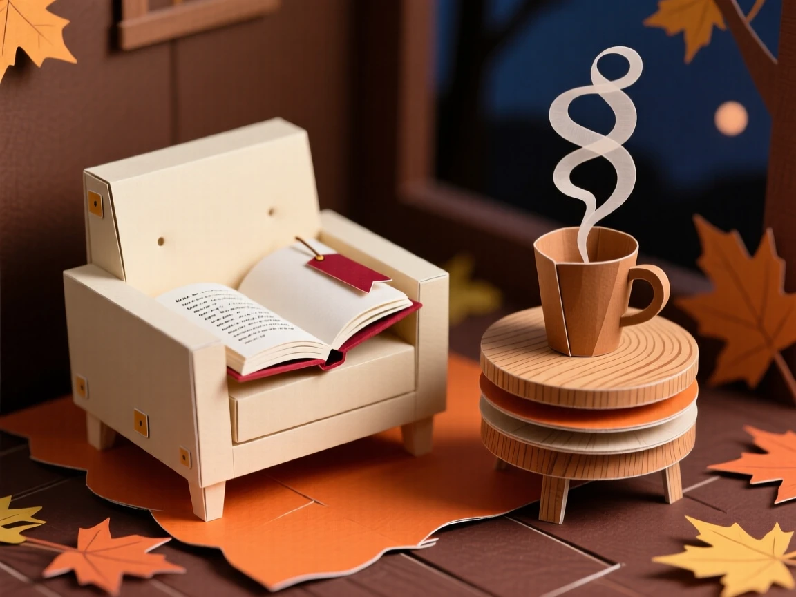 A cozy autumn evening reading corner surrounded by fresh blooming flowers, with steam rising gently from a warm drink, capturing quiet contentment.