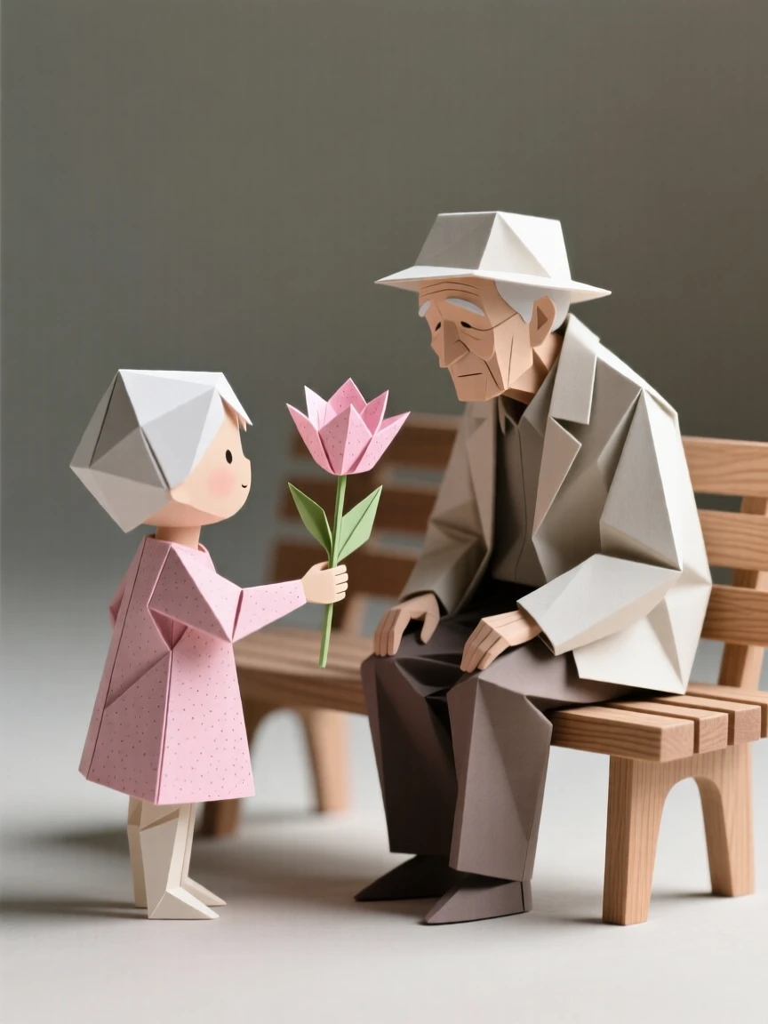 A child handing a flower to an elderly stranger sitting alone on a bench.
