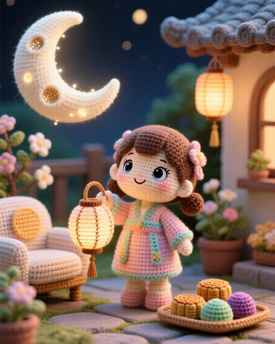 a little girl holding a small paper lantern shaped like a moon, for a mid-autumn celebration, gazing up at the real moon above, at a cozy family courtyard set for a celebration, with a small tray of traditional sweets nearby, radiating heartfelt togetherness during a special gathering.