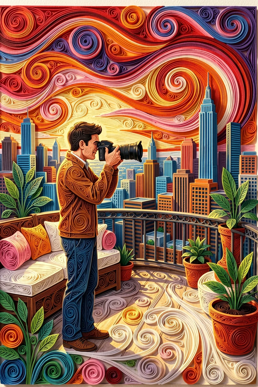 a photographer capturing a sunset from a cliffside, on a sunlit city rooftop terrace, arranged with cozy layered textures throughout, with lively pops of color scattered throughout the scene.