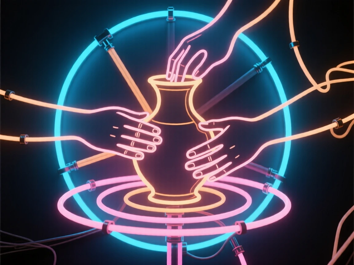 A potter's hands shaping a vase on a spinning wheel.