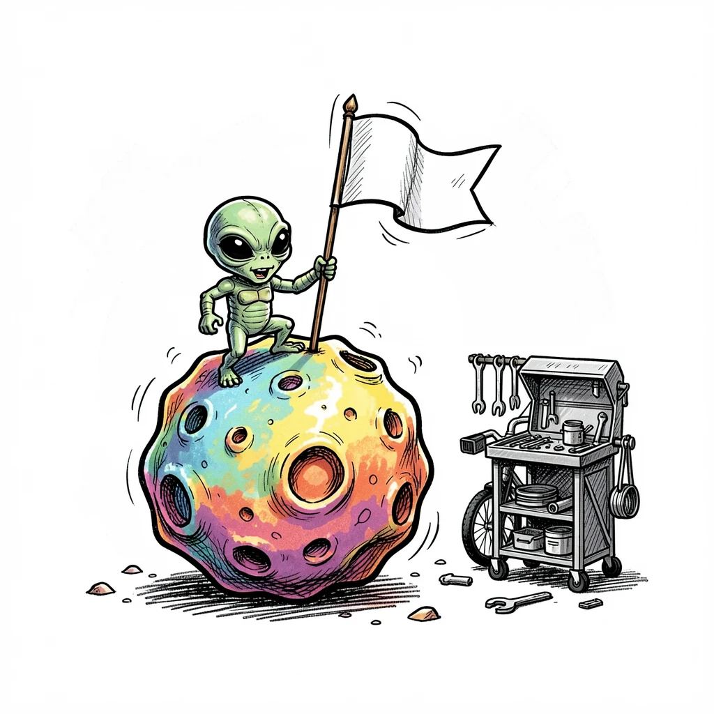 A tiny alien planting a flag on a colorful asteroid beside a bicycle repair stand.