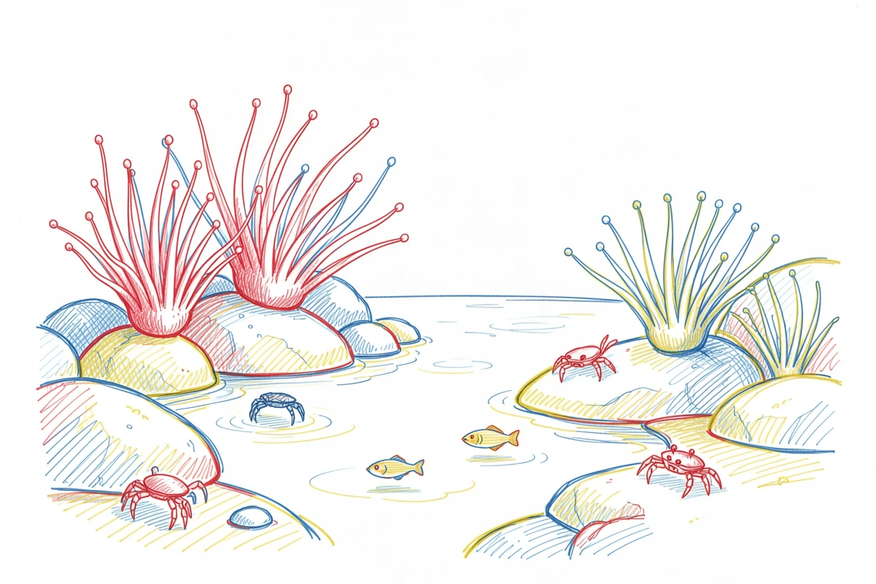 A quiet tide pool teeming with anemones, crabs, and tiny fish