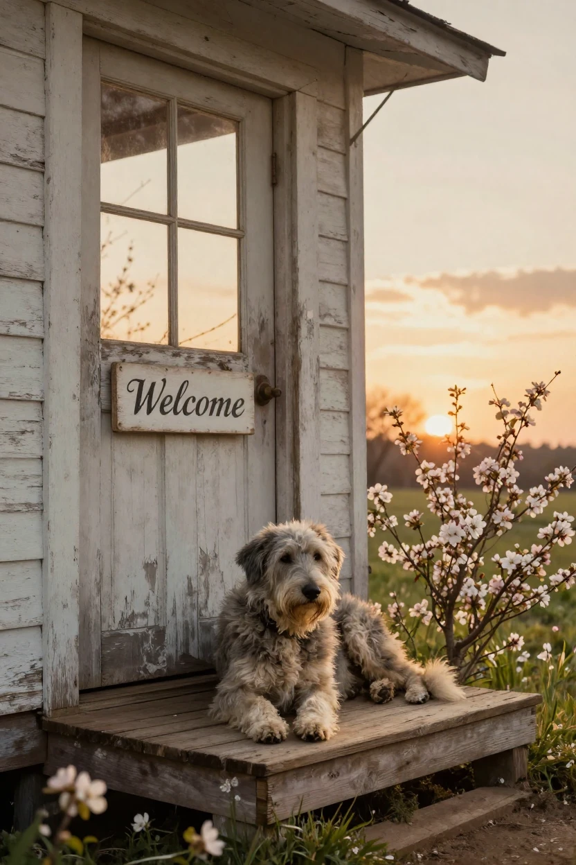 An old sheepdog resting loyally beside a farmhouse door, under a glowing sunset sky, with a soft breeze stirring the air, as spring blossoms unfurl, in warm honey and cream tones, from a slightly elevated vantage point.