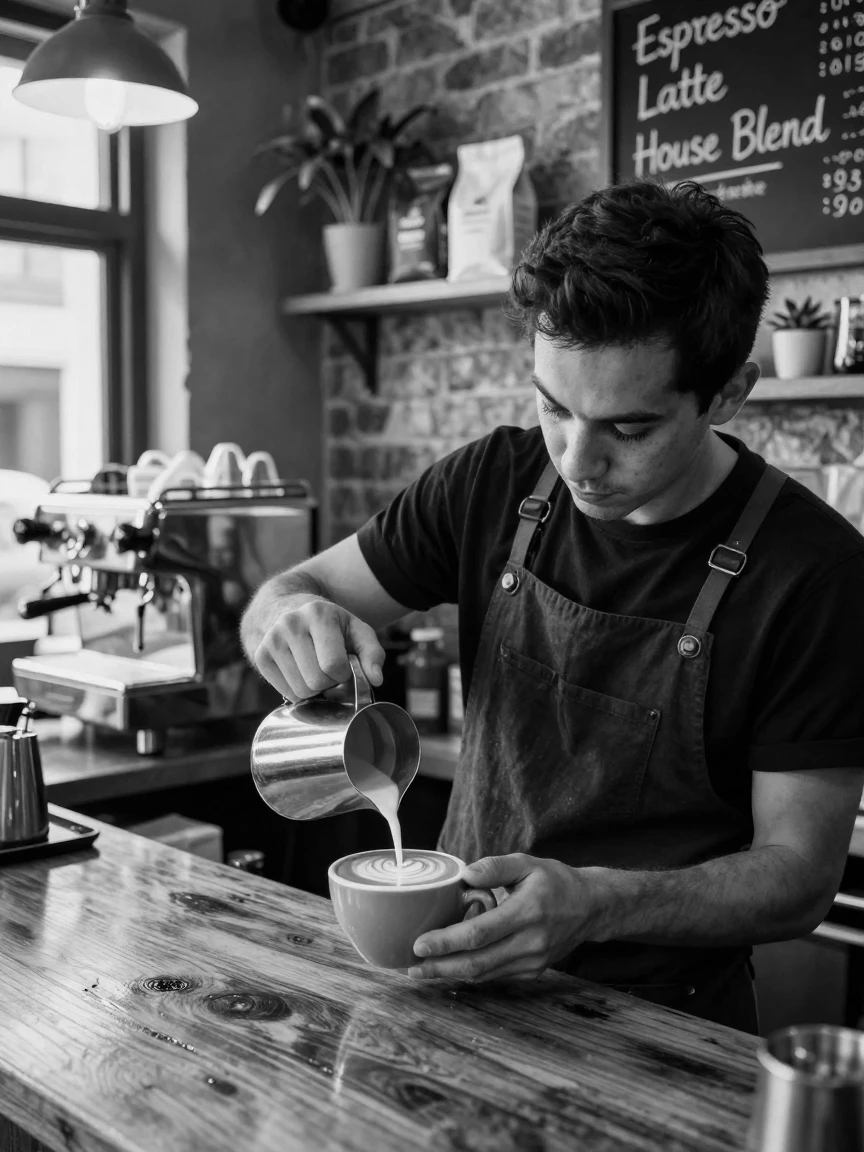 A barista pours latte art into a ceramic cup inside a cozy neighborhood café.