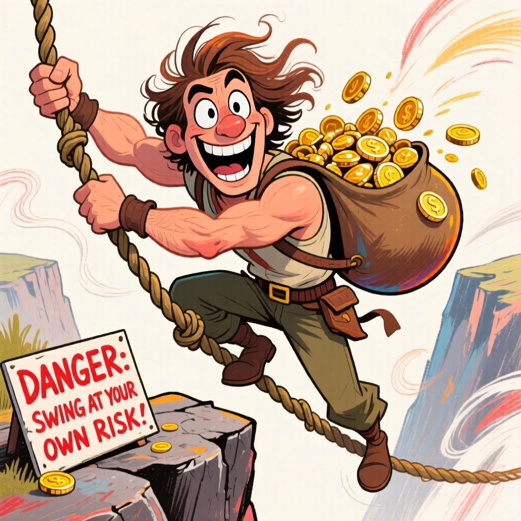 A daring treasure hunter swinging across a chasm on a vine, satchel of gold slung over one shoulder.