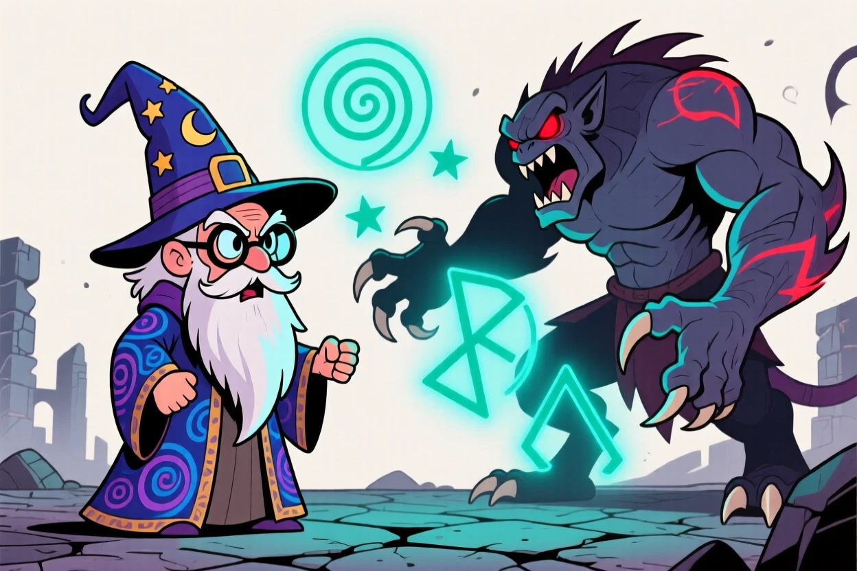 An imaginative fantasy scene of a wise old wizard facing down a mighty foe with fearless determination, as ancient runes glow softly nearby.