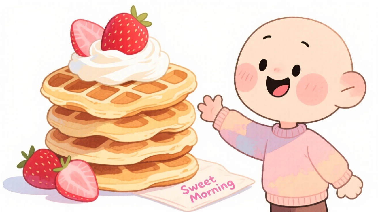 A cozy, appetizing, warm and inviting scene of a stack of waffles topped with whipped cream and strawberries