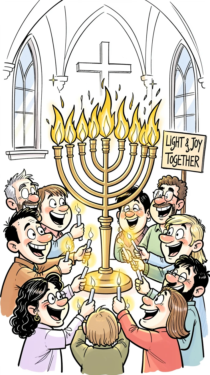 [Seasonal Holidays & Celebrations] Festive scene of a sparkling church congregation lighting a menorah together, full of celebration and joy