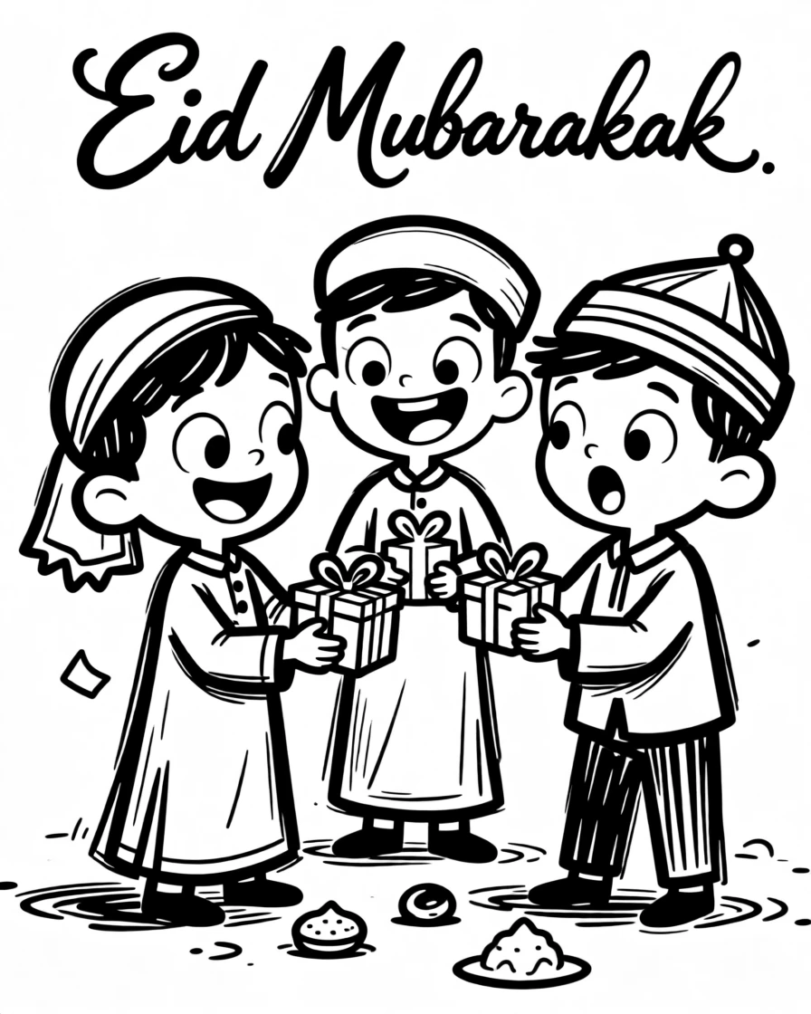 Children in new clothes receiving small gifts and sweets during an Eid celebration.