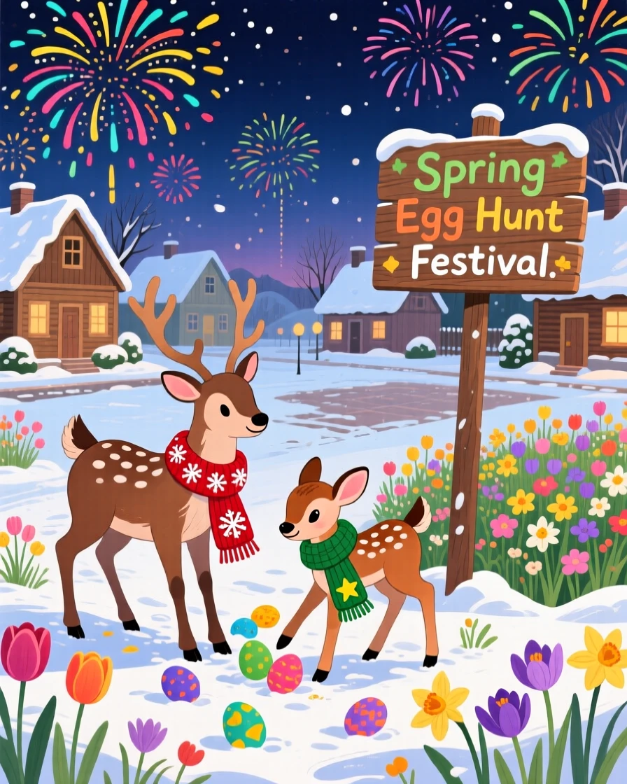 In a snow-covered town square, a reindeer and its fawn celebrate together by hunting for hidden eggs in a spring garden, with fireworks bursting in the sky above.
