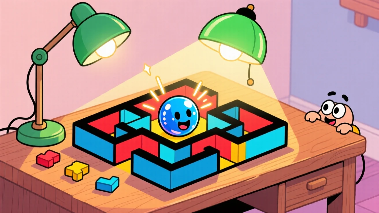 A marble maze puzzle glowing under a desk lamp.