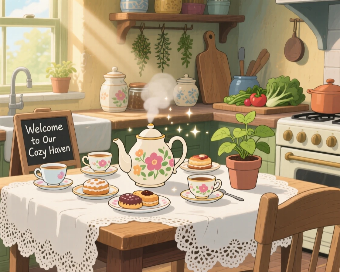 A warm, inviting scene of a tea set arranged on a lace tablecloth in dappled sunlight, surrounded by the comforting clutter of a well-loved kitchen.