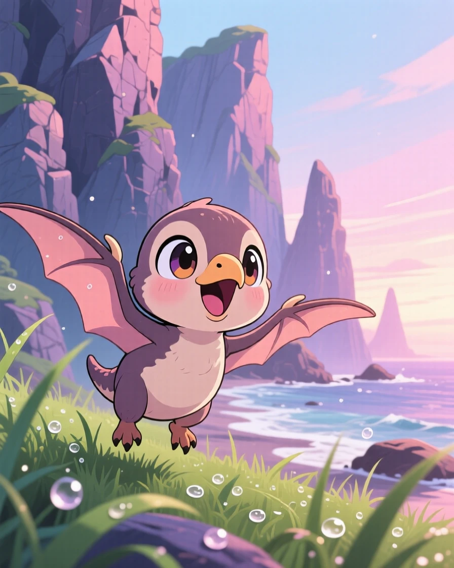 In a dramatic prehistoric coastline, a baby pterodactyl is learning to glide between rocky cliffs as morning dew glistens on the grass, bathed in soft pastel light of dawn, expression full of delighted joy. Shot as a close-up portrait.