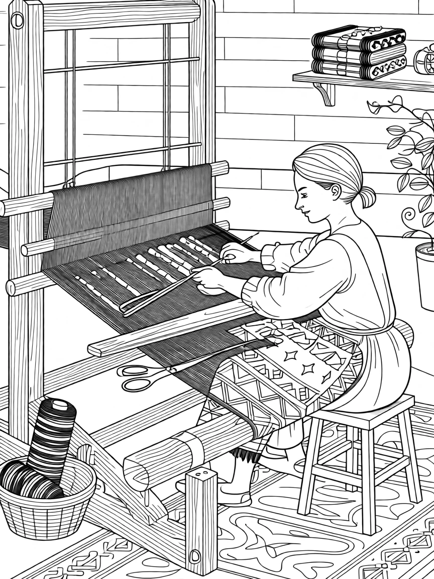 A weaver working vibrant traditional textile patterns.