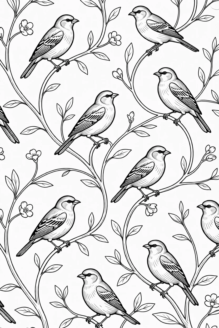 A decorative wallpaper pattern with birds and branches