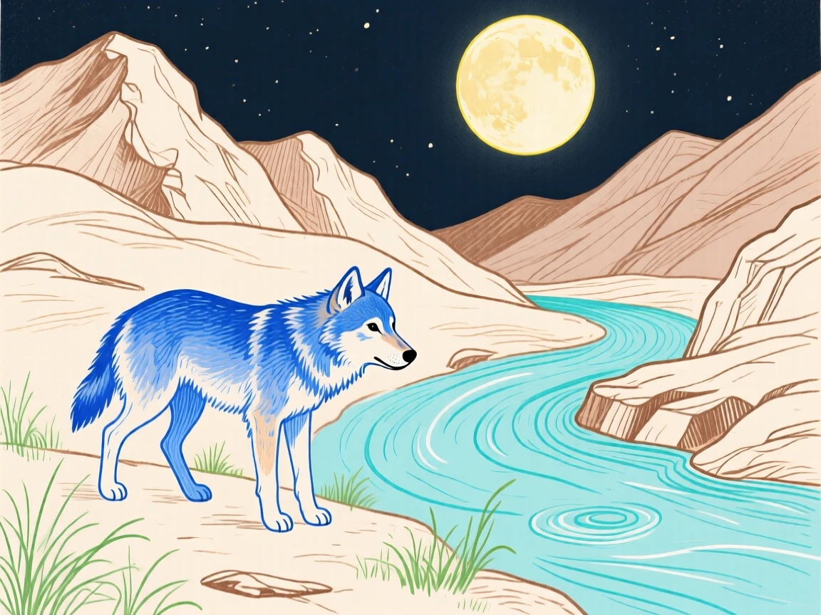 A young wolf wandering beside a mountain stream under a full moon.