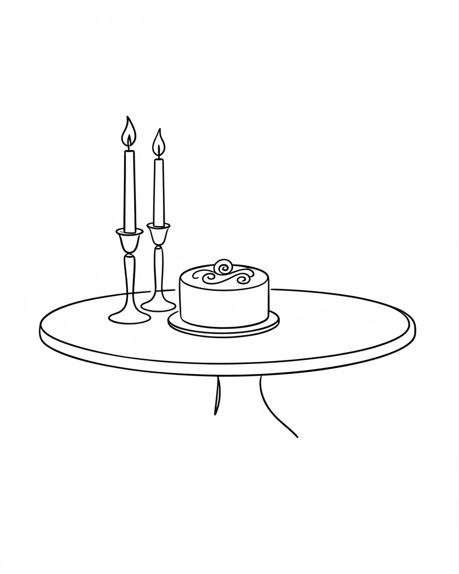 A wedding anniversary table set with candles and a small cake