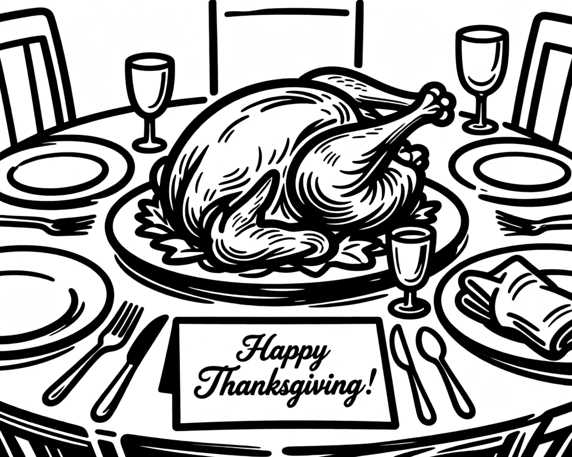 A table set for Thanksgiving dinner with a roasted turkey as the centerpiece.