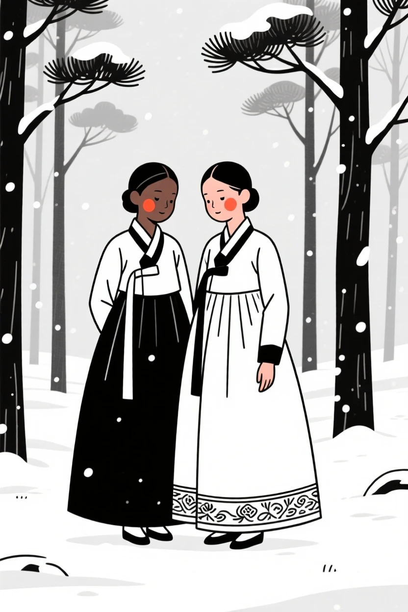 Twin sisters of Nigerian heritage wearing a Korean hanbok, lost in quiet contemplation, in a snow-covered pine forest.