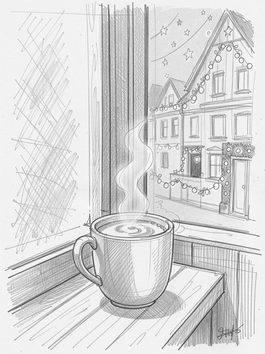 A joyful holiday moment: a hot cocoa mug beside a frosted window along a festively decorated street, with twinkling lights glowing warmly.