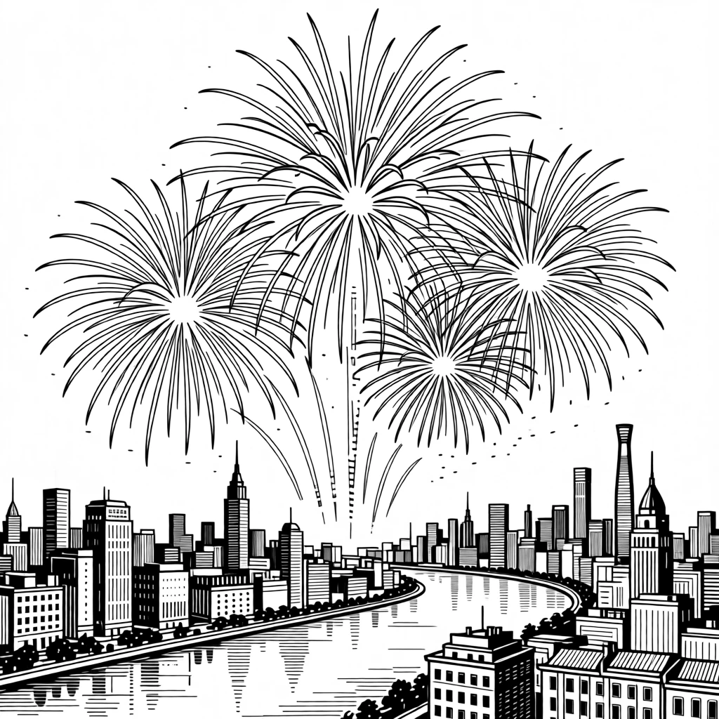 A vibrant fireworks display lighting up the sky above a city skyline on New Year's Eve.
