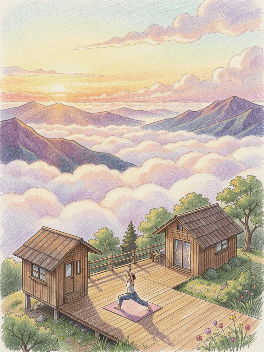 A mountaintop yoga retreat overlooking a sea of clouds, bathed in the warm glow of golden-hour light, evoking warmth, beauty, and a lasting sense of wonder.