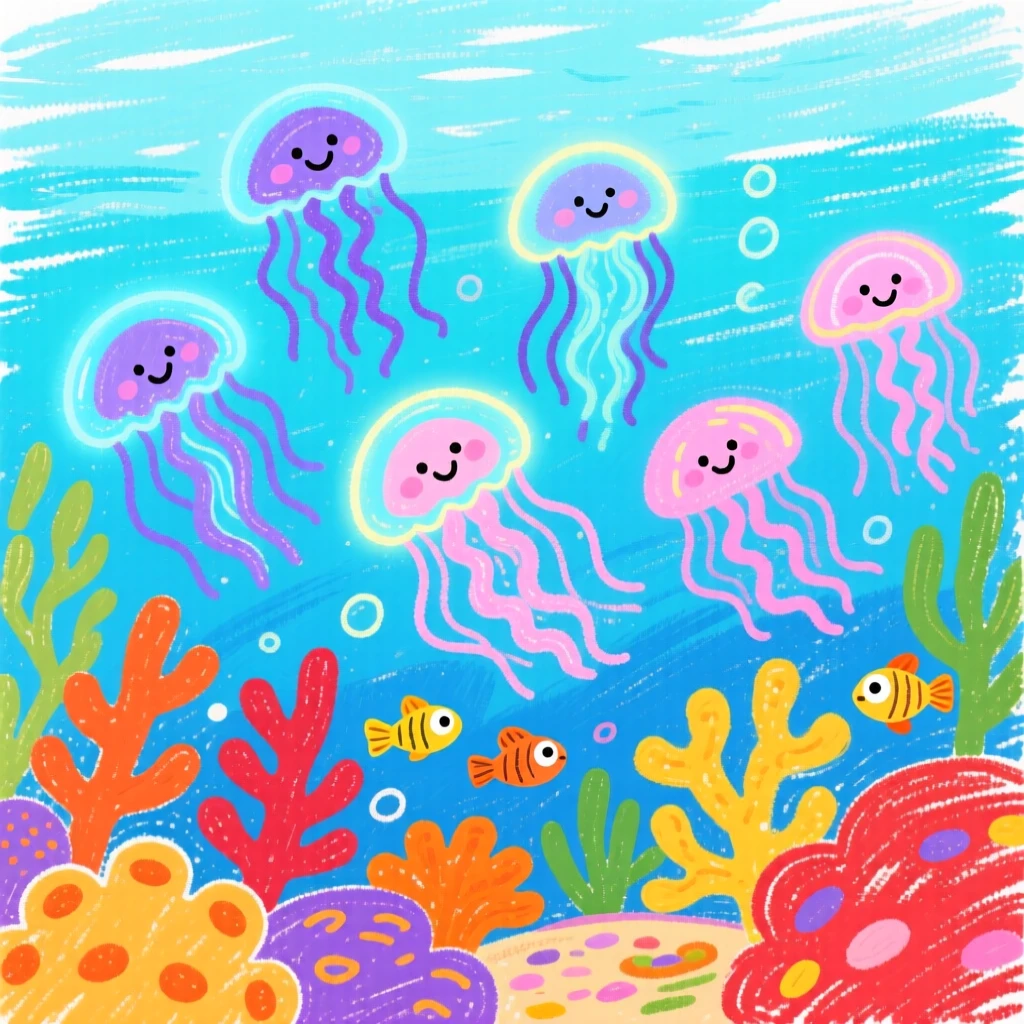 A school of glowing jellyfish gliding over a vibrant coral reef.